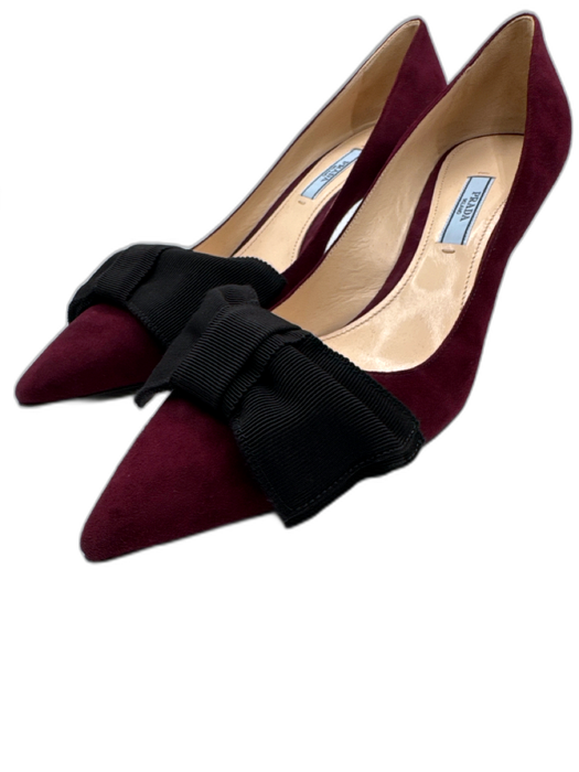 Prada Shoe Size 40 Burgundy Red & Black Leather Upper Suede Bow Mid Heel Pumps Burgundy Red & Black / 40