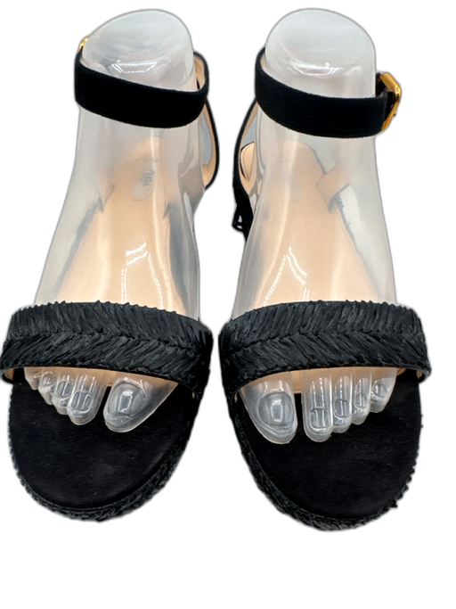 Prada Shoe Size 40 Black Leather Upper Woven Detail Ankle Buckle Wedge Sandals Black / 40