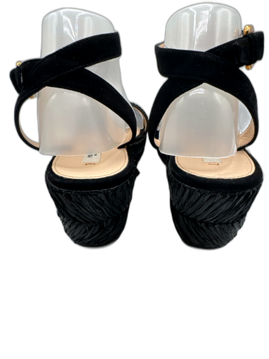 Prada Shoe Size 40 Black Leather Upper Woven Detail Ankle Buckle Wedge Sandals Black / 40