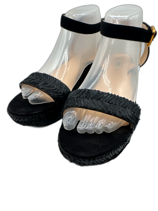 Prada Shoe Size 40 Black Leather Upper Woven Detail Ankle Buckle Wedge Sandals Black / 40