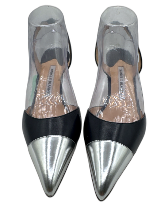 Manolo Blahnik Shoe Size 41 Navy blue & silver Leather Upper Toe Cap Slingbacks Navy blue & silver / 41