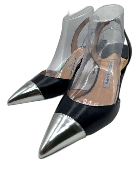 Manolo Blahnik Shoe Size 41 Navy blue & silver Leather Upper Toe Cap Slingbacks Navy blue & silver / 41