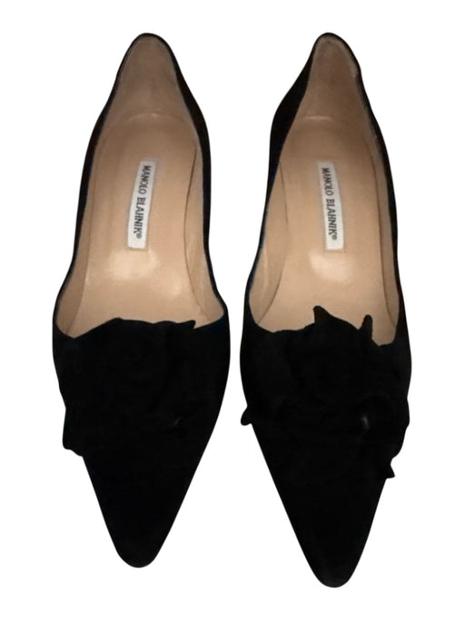 Manolo Blahnik Shoe Size 40 Black Leather Upper Suede Flower Pointed Toe Pumps Black / 40