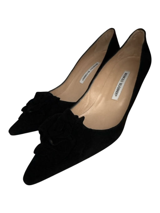 Manolo Blahnik Shoe Size 40 Black Leather Upper Suede Flower Pointed Toe Pumps Black / 40