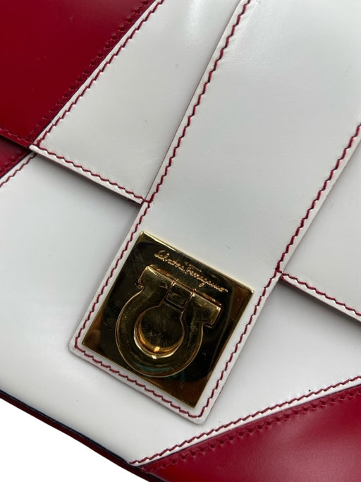 Salvatore Ferragamo Red & White Leather Flap Toggle Close Adjustable Strap Bag Red & White