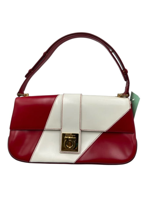 Salvatore Ferragamo Red & White Leather Flap Toggle Close Adjustable Strap Bag Red & White
