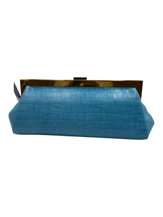 Stuart Weitzman Blue Leather Gold Tone Hardware Croc Embossed Hinge Open Clutch Blue