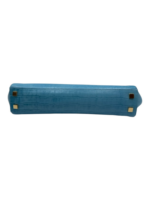 Stuart Weitzman Blue Leather Gold Tone Hardware Croc Embossed Hinge Open Clutch Blue