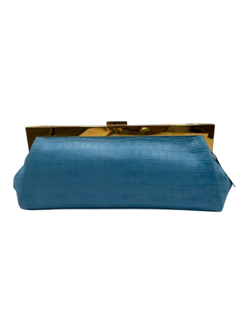 Stuart Weitzman Blue Leather Gold Tone Hardware Croc Embossed Hinge Open Clutch Blue