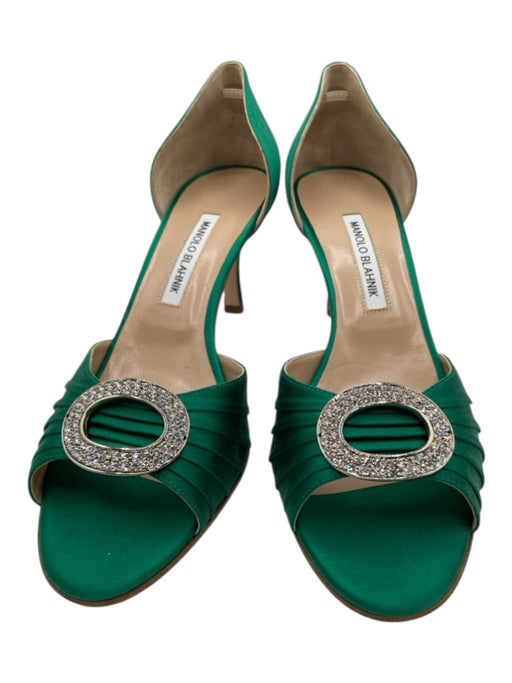 Manolo Blahnik Shoe Size 40.5 Emerald Green Leather Embellished Satin Pumps Emerald Green / 40.5