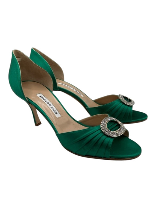 Manolo Blahnik Shoe Size 40.5 Emerald Green Leather Embellished Satin Pumps Emerald Green / 40.5