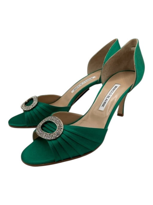 Manolo Blahnik Shoe Size 40.5 Emerald Green Leather Embellished Satin Pumps Emerald Green / 40.5