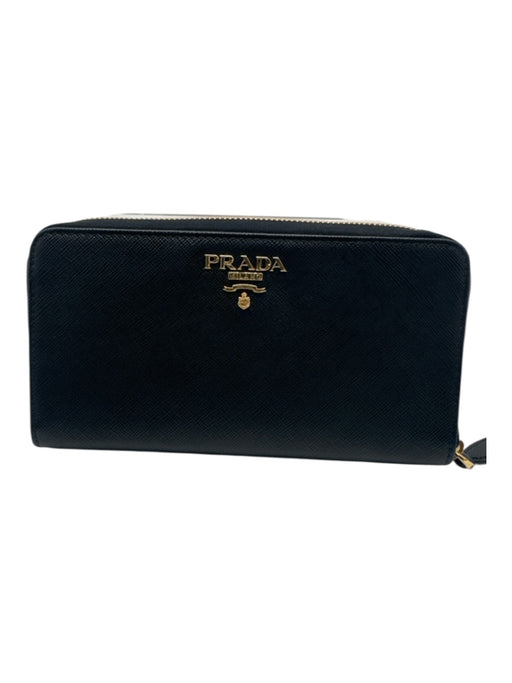 Prada Black Leather Zip Close Saffiano Snap Detail Box Inc. Wallets Black