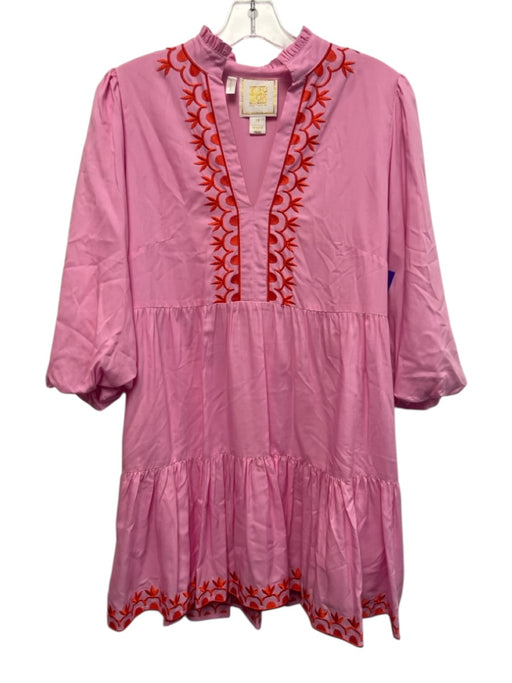Emily McCarthy Size XS Pink & Orange Tencel 3/4 Puff Sleeve Embroidered Dress Pink & Orange / XS