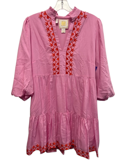 Emily McCarthy Size XS Pink & Orange Tencel 3/4 Puff Sleeve Embroidered Dress Pink & Orange / XS