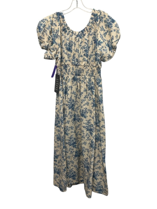 Tuckernuck Size M Cream & Blue Viscose & Linen Floral Short Puff Sleeve Dress Cream & Blue / M