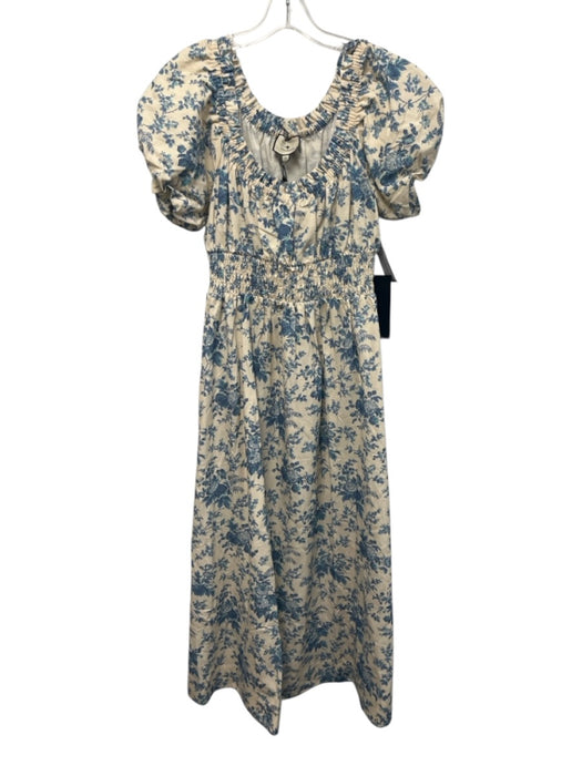 Tuckernuck Size M Cream & Blue Viscose & Linen Floral Short Puff Sleeve Dress Cream & Blue / M