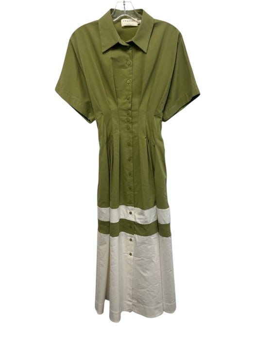 Exquise Size S Olive Green & White Cotton & Polyester Color Block Collar Dress Olive Green & White / S