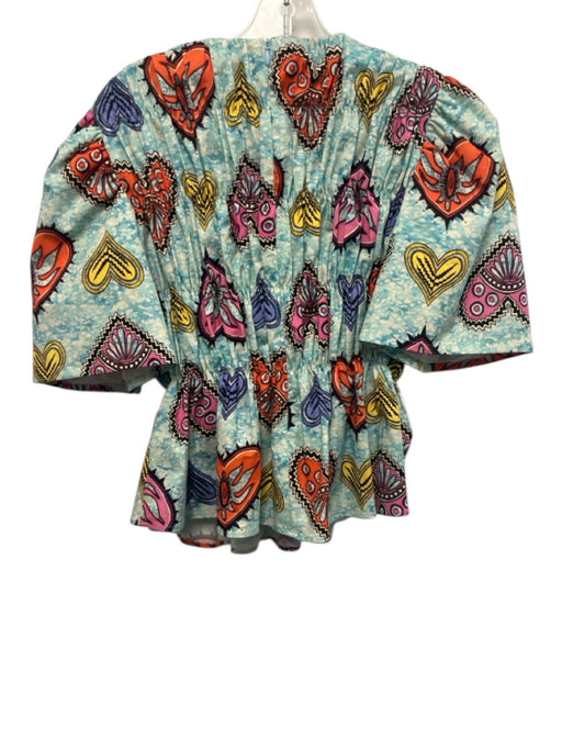 Autumn Adeigbo Size 2 Blue & Multi Cotton Blend Short Wide Sleeve Abstract Top Blue & Multi / 2