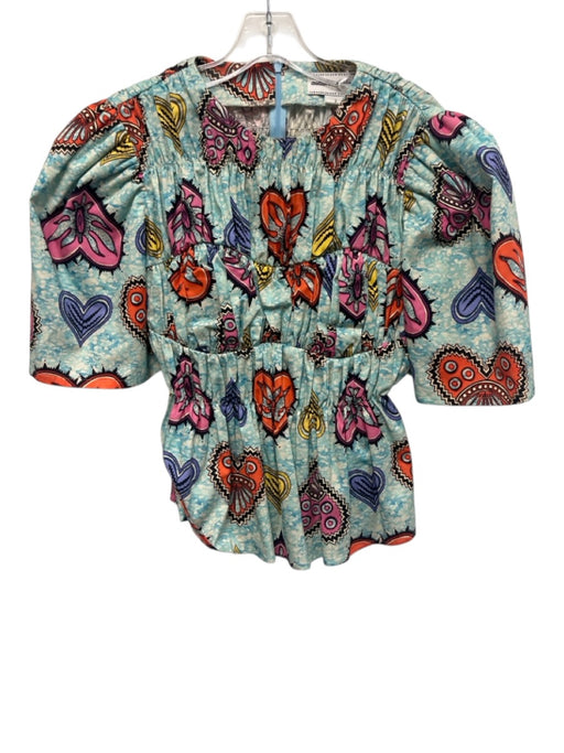 Autumn Adeigbo Size 2 Blue & Multi Cotton Blend Short Wide Sleeve Abstract Top Blue & Multi / 2