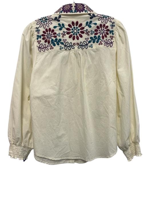 Roller Rabbit Size S Cream White & Multi Cotton Long Sleeve Smocked Cuff Top Cream White & Multi / S