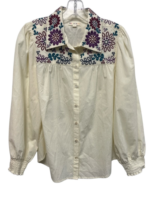 Roller Rabbit Size S Cream White & Multi Cotton Long Sleeve Smocked Cuff Top Cream White & Multi / S