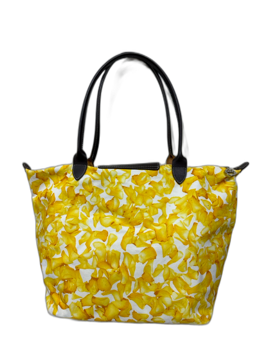 Longchamp Brown & Yellow Canvas Shoulder Strap Petals Zip closure Tote Bag Brown & Yellow / Medium