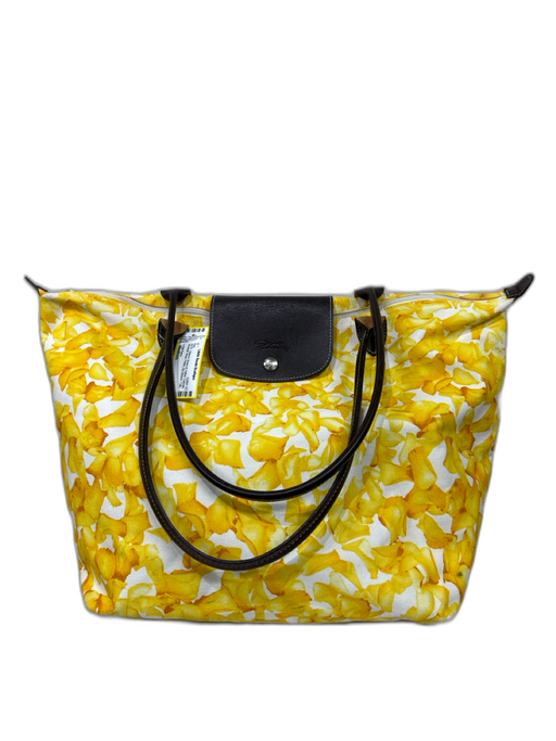 Longchamp Brown & Yellow Canvas Shoulder Strap Petals Zip closure Tote Bag Brown & Yellow / Medium