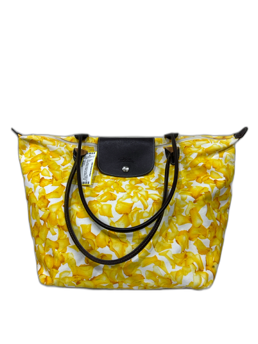 Longchamp Brown & Yellow Canvas Shoulder Strap Petals Zip closure Tote Bag Brown & Yellow / Medium