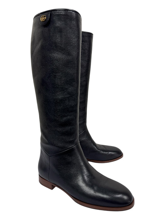 Gucci Shoe Size 7 Black & Gold Leather round toe Gold Hardware Logo Boots Black & Gold / 7