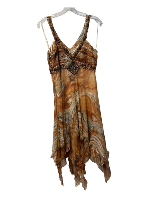 Sue Wong Size 8 Orange & Brown Silk Side Zip V Neck Rhinestone & Sequins Dress Orange & Brown / 8