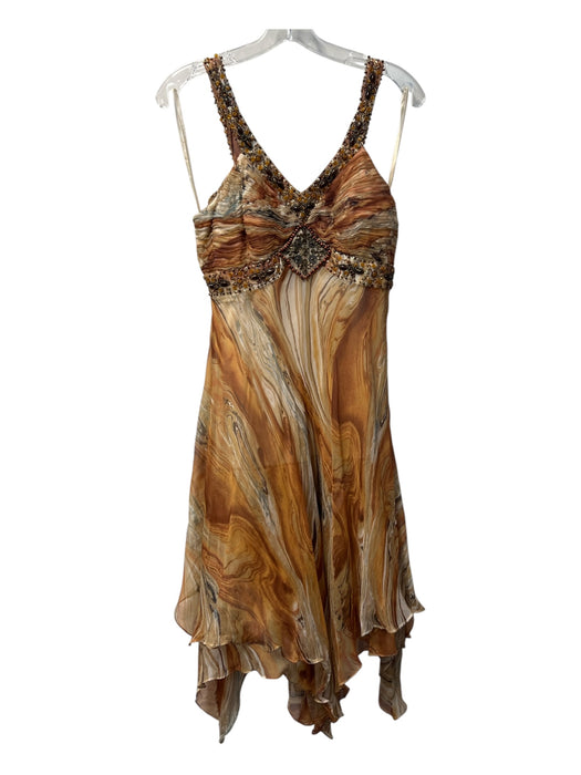 Sue Wong Size 8 Orange & Brown Silk Side Zip V Neck Rhinestone & Sequins Dress Orange & Brown / 8