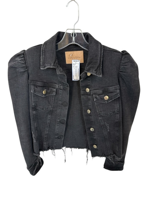 Retrofete Size S Black Cotton Blend Puff Shoulder Buttons Raw Hem Denim Jacket Black / S