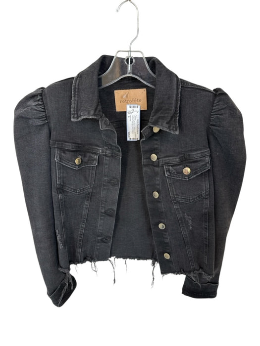 Retrofete Size S Black Cotton Blend Puff Shoulder Buttons Raw Hem Denim Jacket Black / S