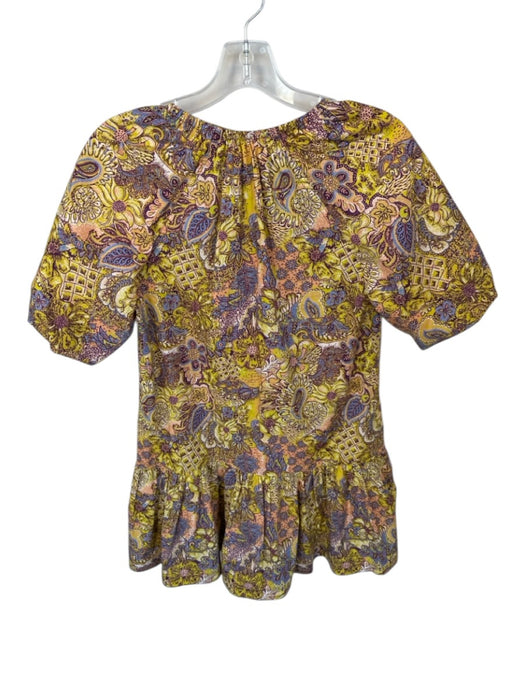 Marie Oliver Size XXS Yellow & Purple Cotton Short Sleeve Botanical V Neck Dress Yellow & Purple / XXS