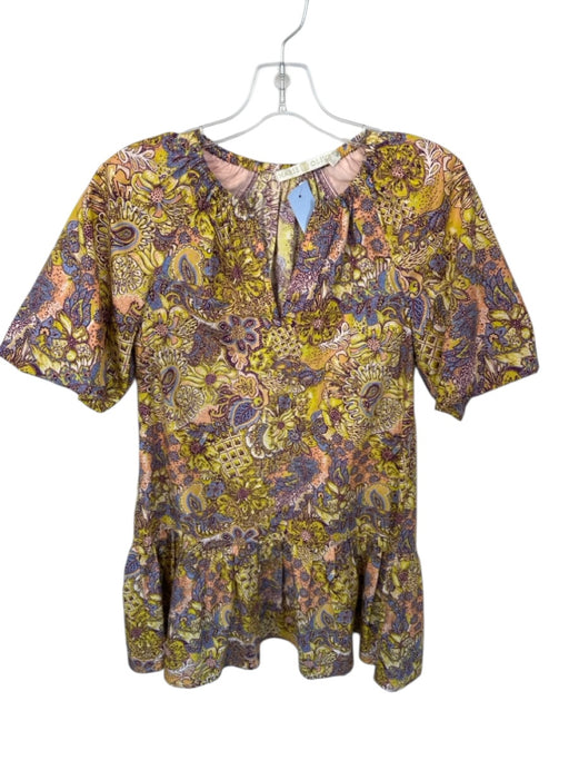 Marie Oliver Size XXS Yellow & Purple Cotton Short Sleeve Botanical V Neck Dress Yellow & Purple / XXS