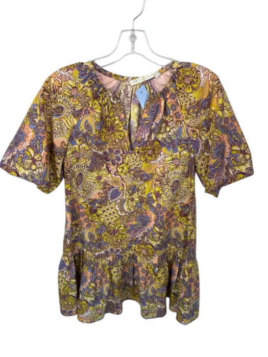 Marie Oliver Size XXS Yellow & Purple Cotton Short Sleeve Botanical V Neck Dress Yellow & Purple / XXS