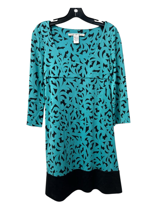 Diane Von Furstenberg Size 2 Aqua & Black Silk Scoop Neck Empire Waist Dress Aqua & Black / 2