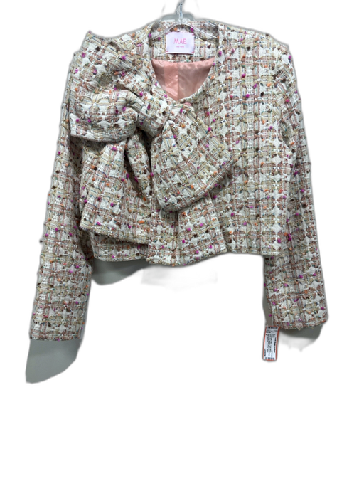 MAE New York Size S Cream White & Multi Cotton Blend Tweed Bow Applique Jacket Cream White & Multi / S