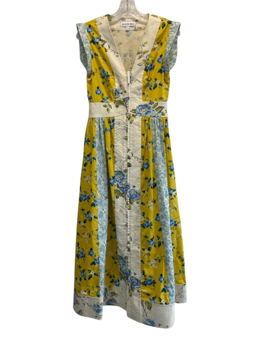 Hunter Bell Size 0 Cream, Yellow & Blue Cotton Floral V Neck Zip Front Dress Cream, Yellow & Blue / 0