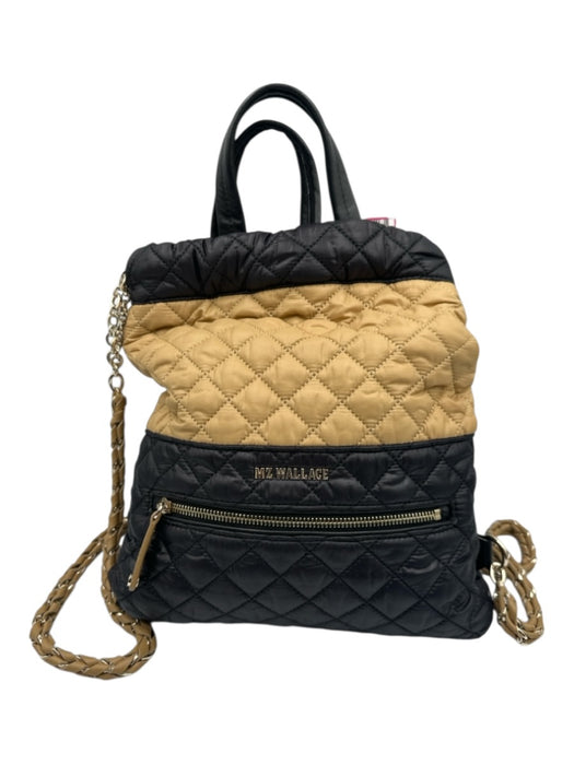 MZ Wallace Black & Beige Nylon Quilted Leather Accents Chain Strap Backpack Bag Black & Beige