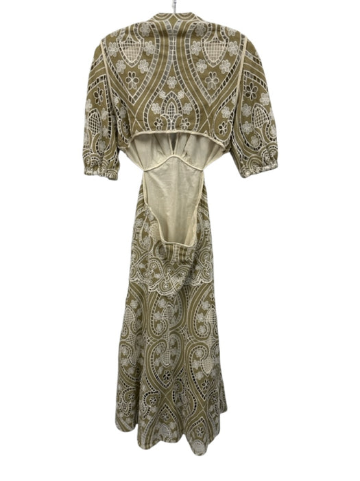 Sandro Size 36 Khaki Green & White Cotton Half Puff Sleeve Floral Eyelet Dress Khaki Green & White / 36