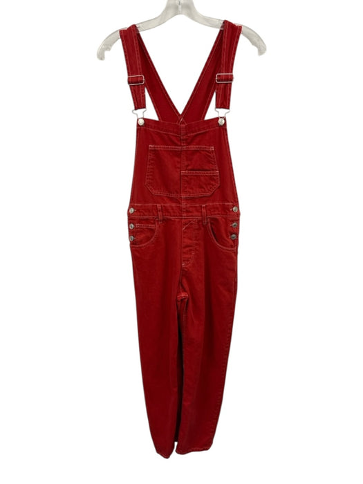 We The Free Size XS Red Cotton Denim Straight Leg Contrast Stitch Overalls Red / XS