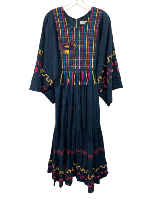 Mira Mikati Size 34/  XS Navy & Multi Cotton Dolman Sleeve Embroidery Maxi Dress Navy & Multi / 34/  XS