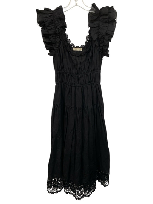 Ulla Johnson Size 0 Black Cotton Ruffle Sleeveless Floral Lace Trim Dress Black / 0