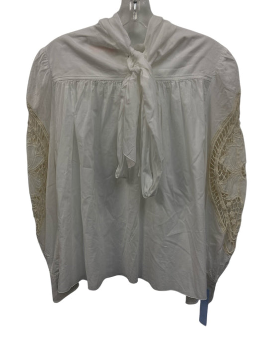 See By Chloe Size 34/S White Cotton Back Button & Tie Floral Long Sleeve Top White / 34/S