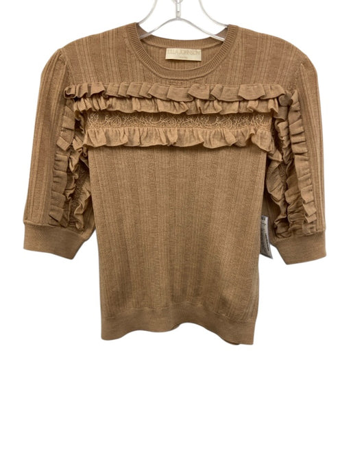 Ulla Johnson Size P Beige Merino Wool Crew Neck Ruffle & Lace Accent Ribbed Top Beige / P