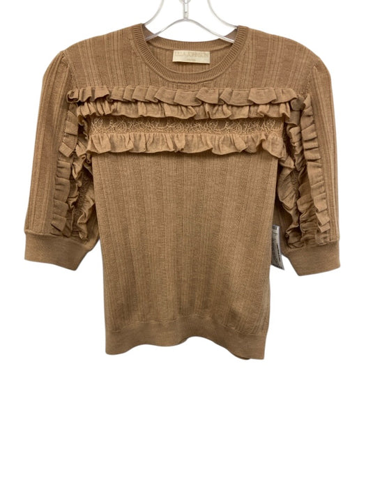 Ulla Johnson Size P Beige Merino Wool Crew Neck Ruffle & Lace Accent Ribbed Top Beige / P
