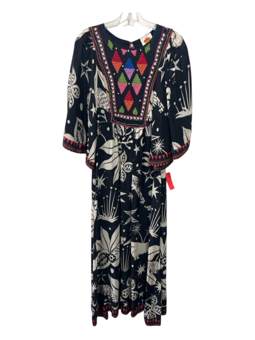 Farm Rio Size Small Black, White, Multi Viscose Abstract Embroidered Maxi Dress Black, White, Multi / Small