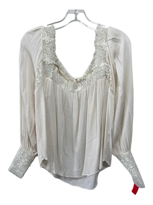 Free People Size S Cream Polyester Square Neck Long Sleeve Lace Top Cream / S